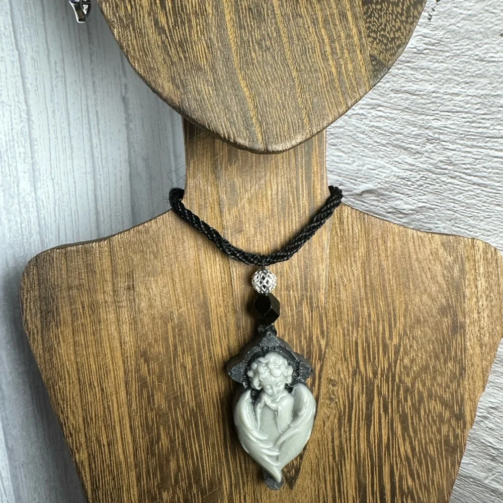 Tai Chi Stone Angel Pendant Necklace on Black Rope